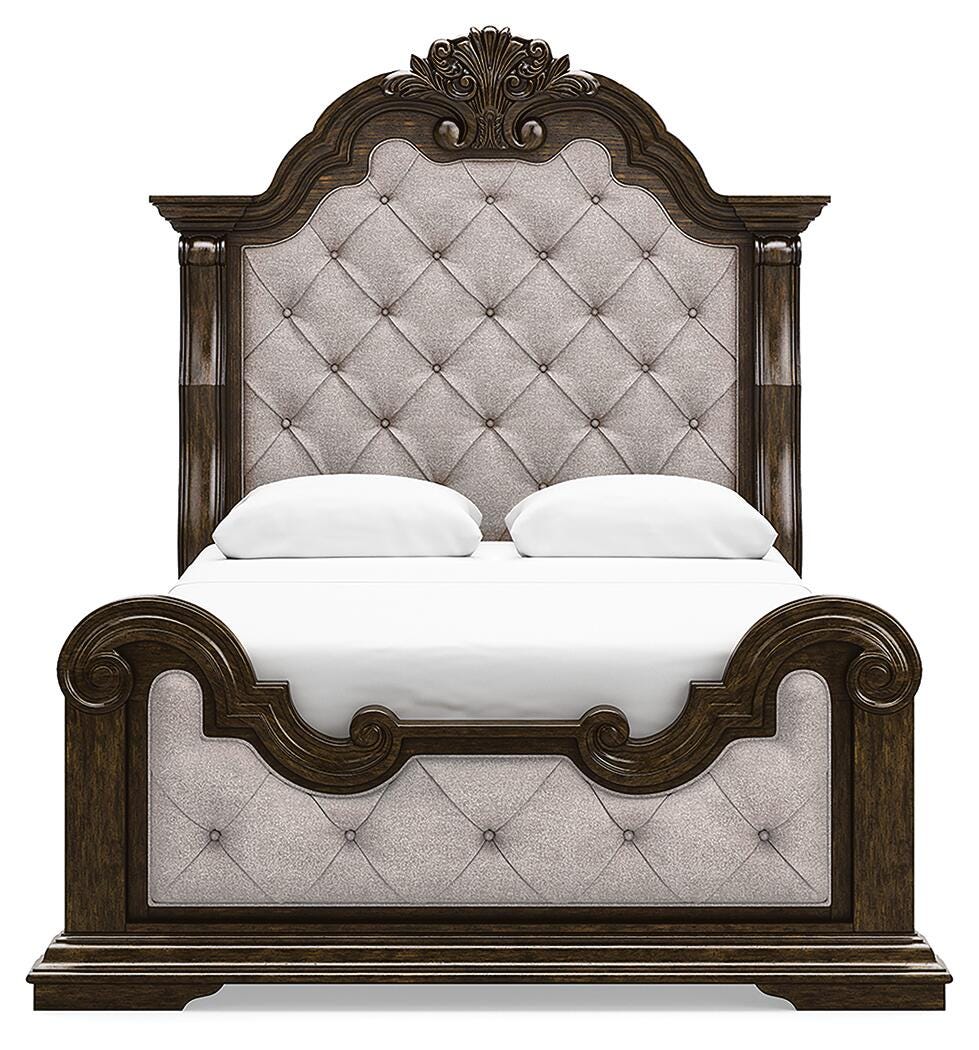 Maylee Queen Upholstered Panel Bed, Dresser, Mirror and Nightstand