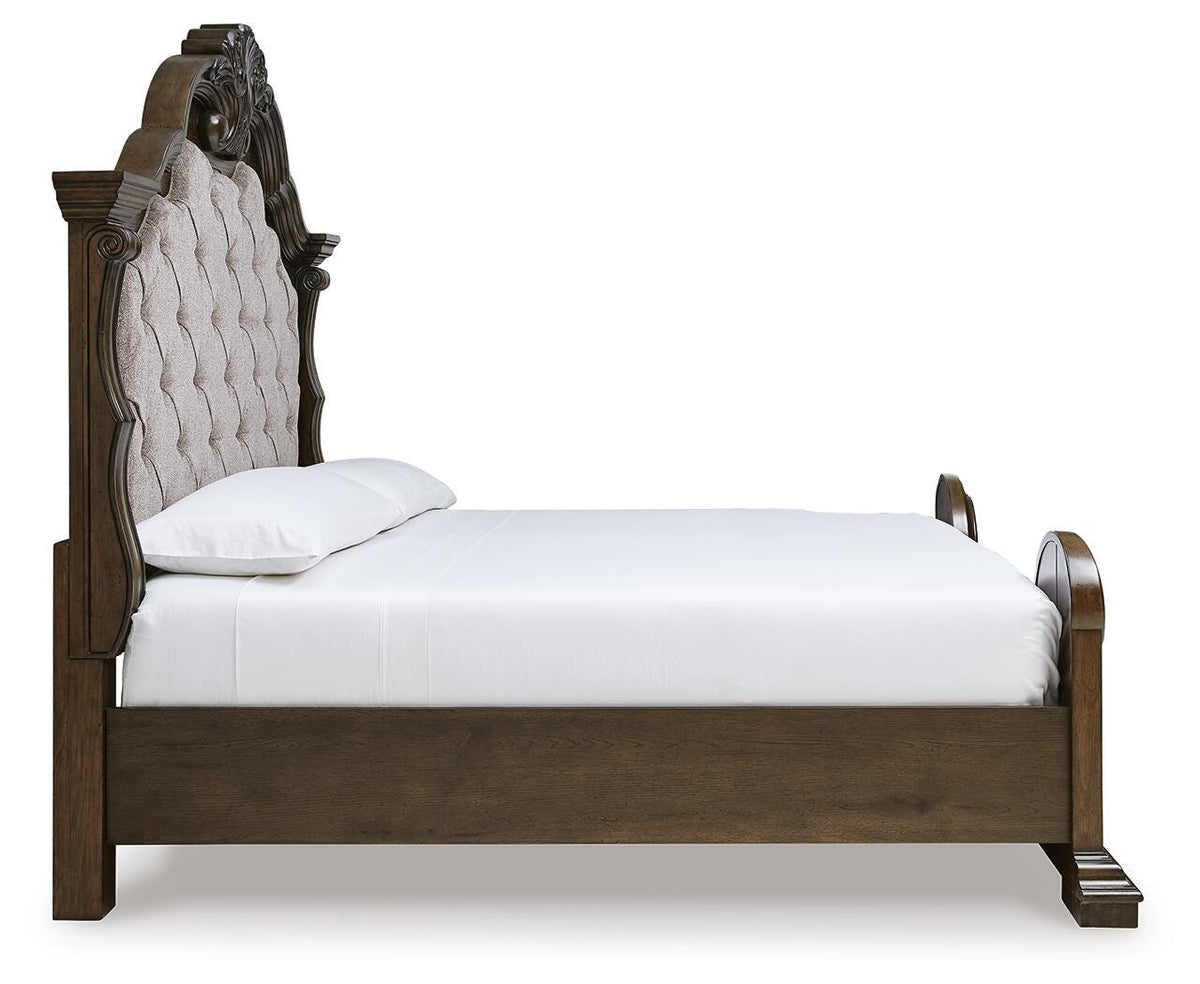 Maylee King Upholstered Bed, Dresser, Mirror and 2 Nightstands