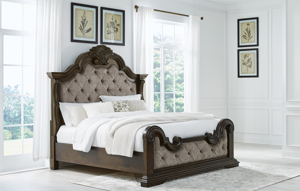 Maylee King Upholstered Bed, Dresser, Mirror, Chest and 2 Nightstands