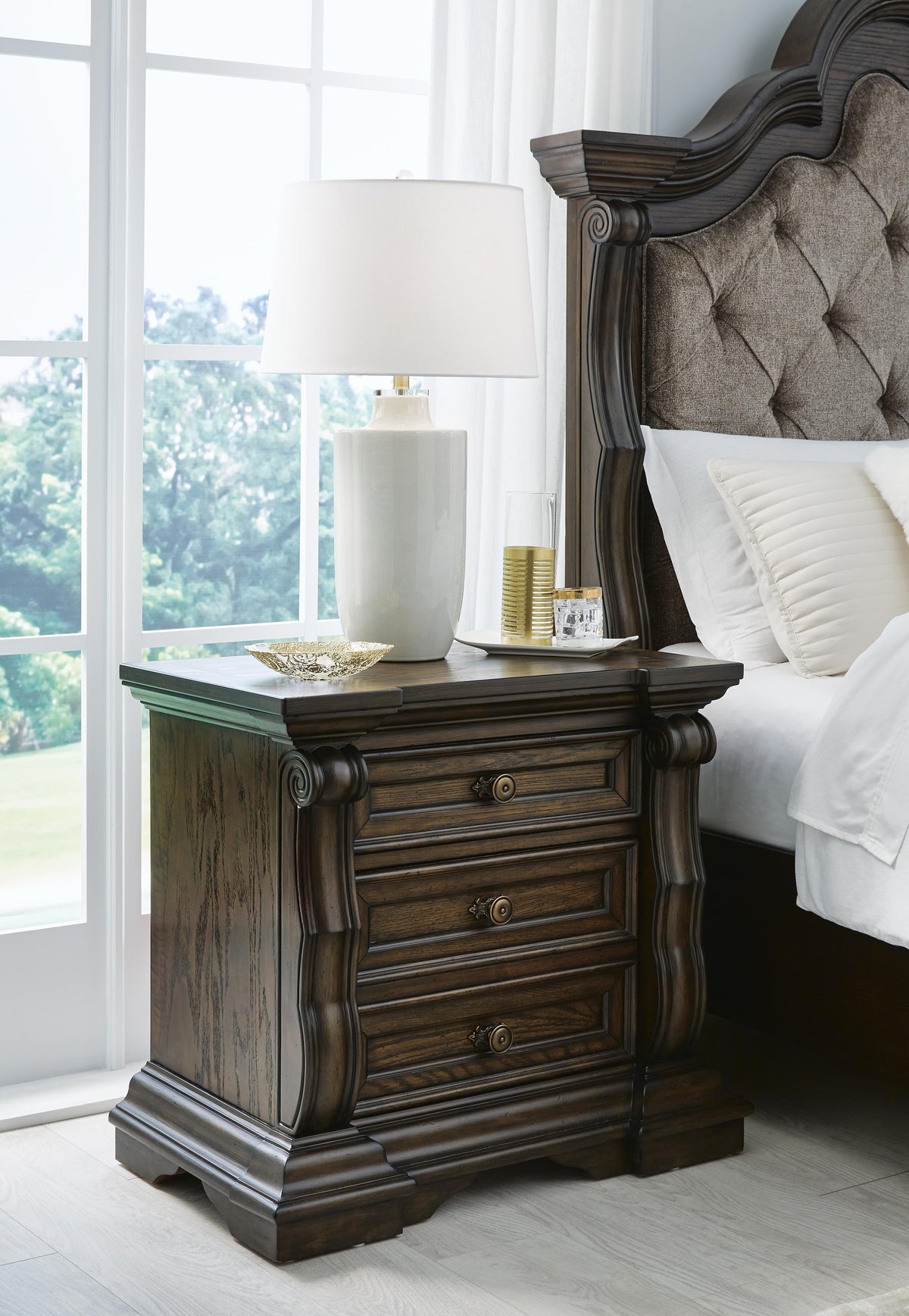 Maylee Queen Upholstered Panel Bed, Dresser, Mirror and Nightstand