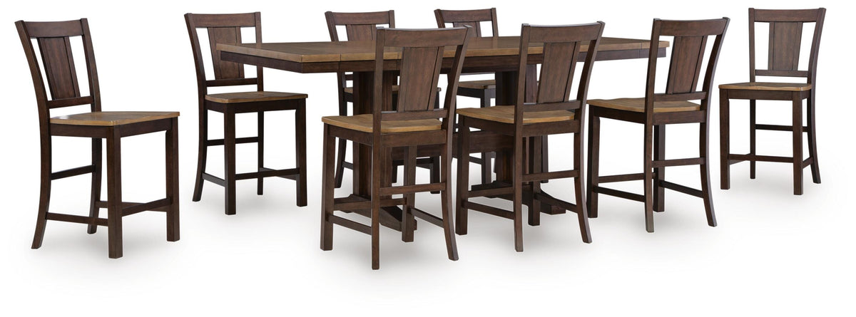 Rylandeen Counter Height Extension Dining Table and 8 Barstools