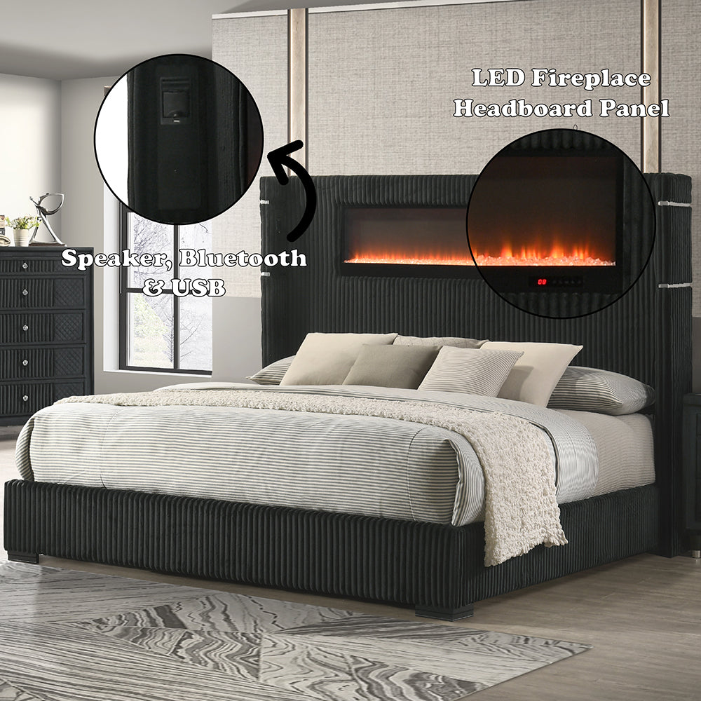 Garner Queen Bed w/Fireplace, LED, Reading Light, Speaker, Bluetooth & USB