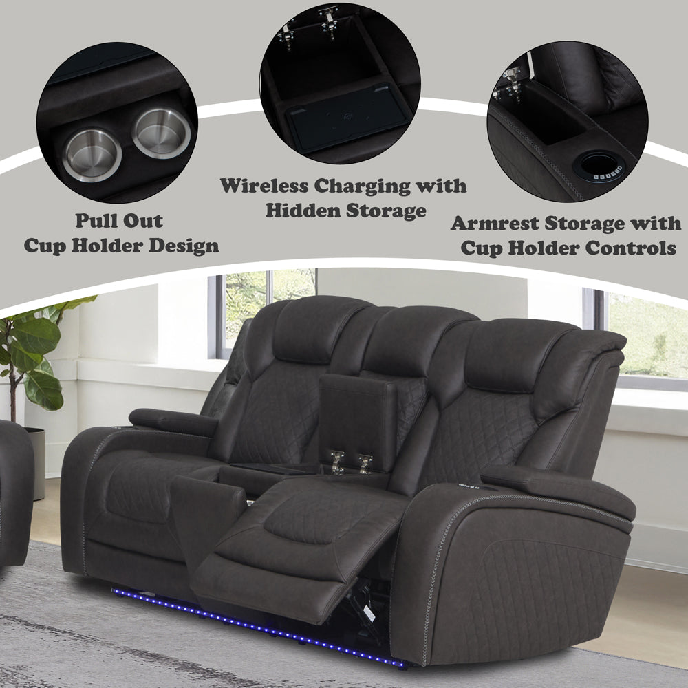 Wendell Power Motion Loveseat w/Console,Wireless Charger, Storage,USB & LED